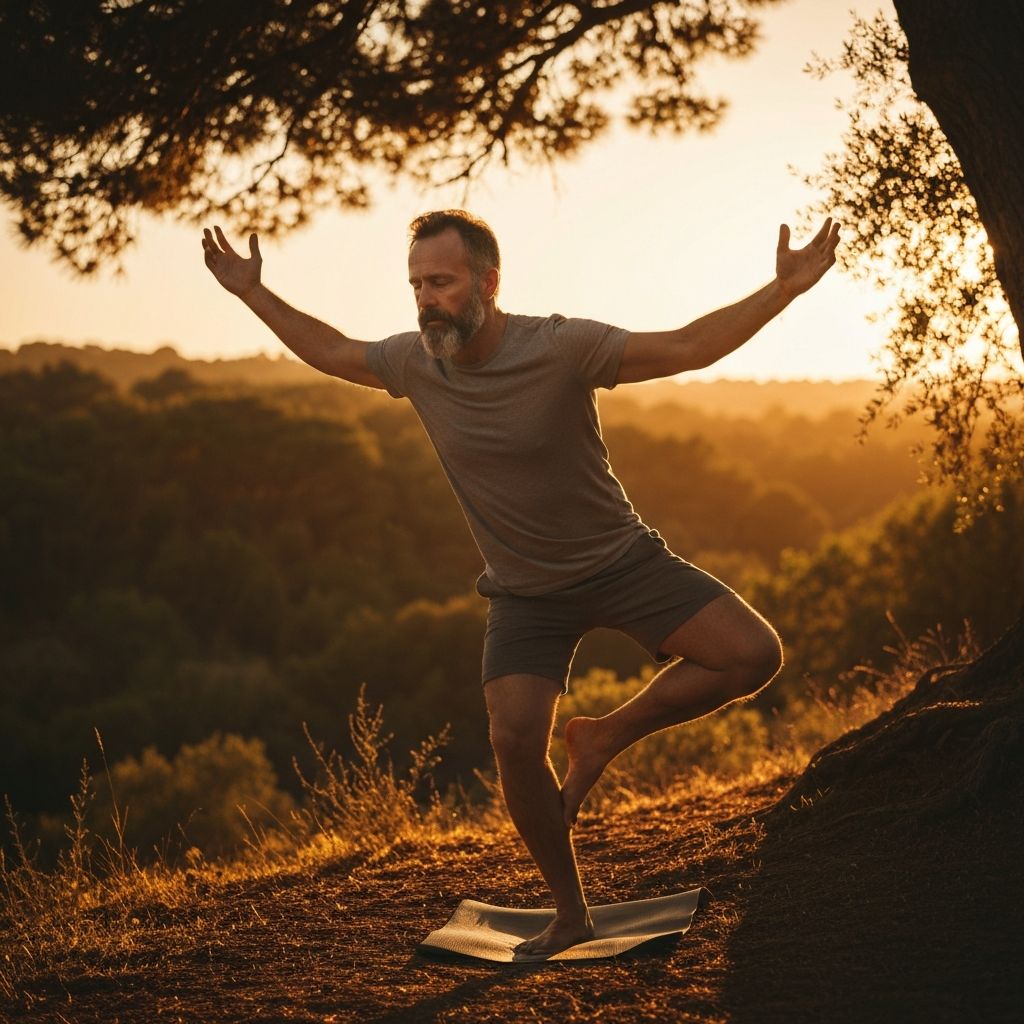 Man in balanced pose during outdoor yoga at sunset