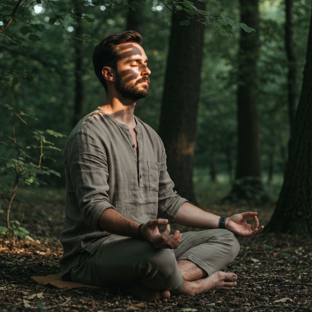 Man meditating peacefully in nature with natural light